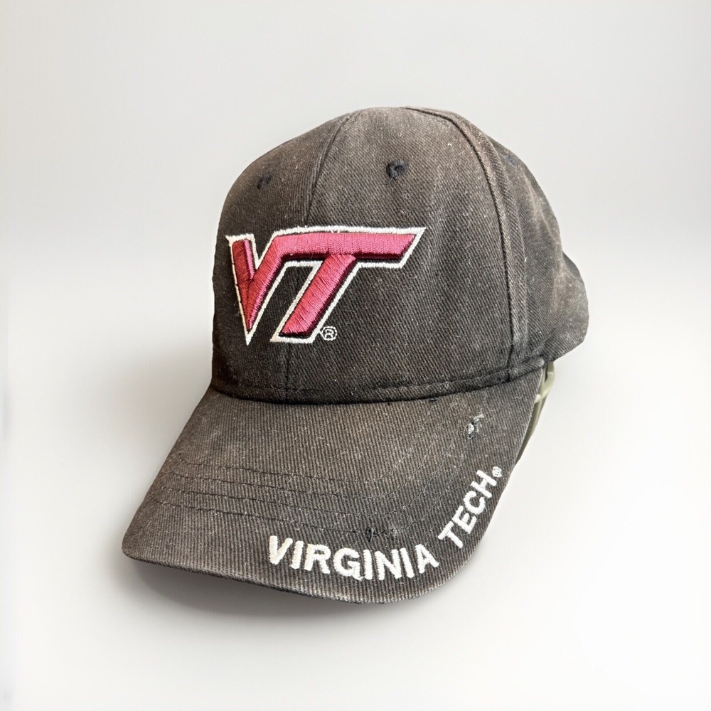 Vintage Virginia Tech Cap Black Hat 3D Embroidered Cotton Strapback Distressed‎